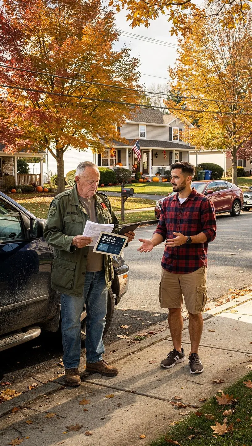 Ilustracja przedstawiająca dokumenty ubezpieczeniowe związane z samochodami wojskowymi.