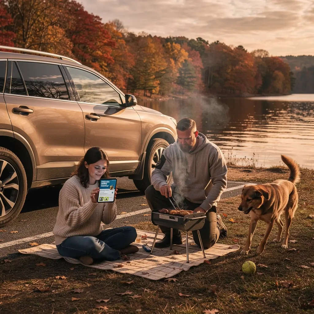Rodzina korzystająca z samochodu zaparkowanego na zimowej przerwie.