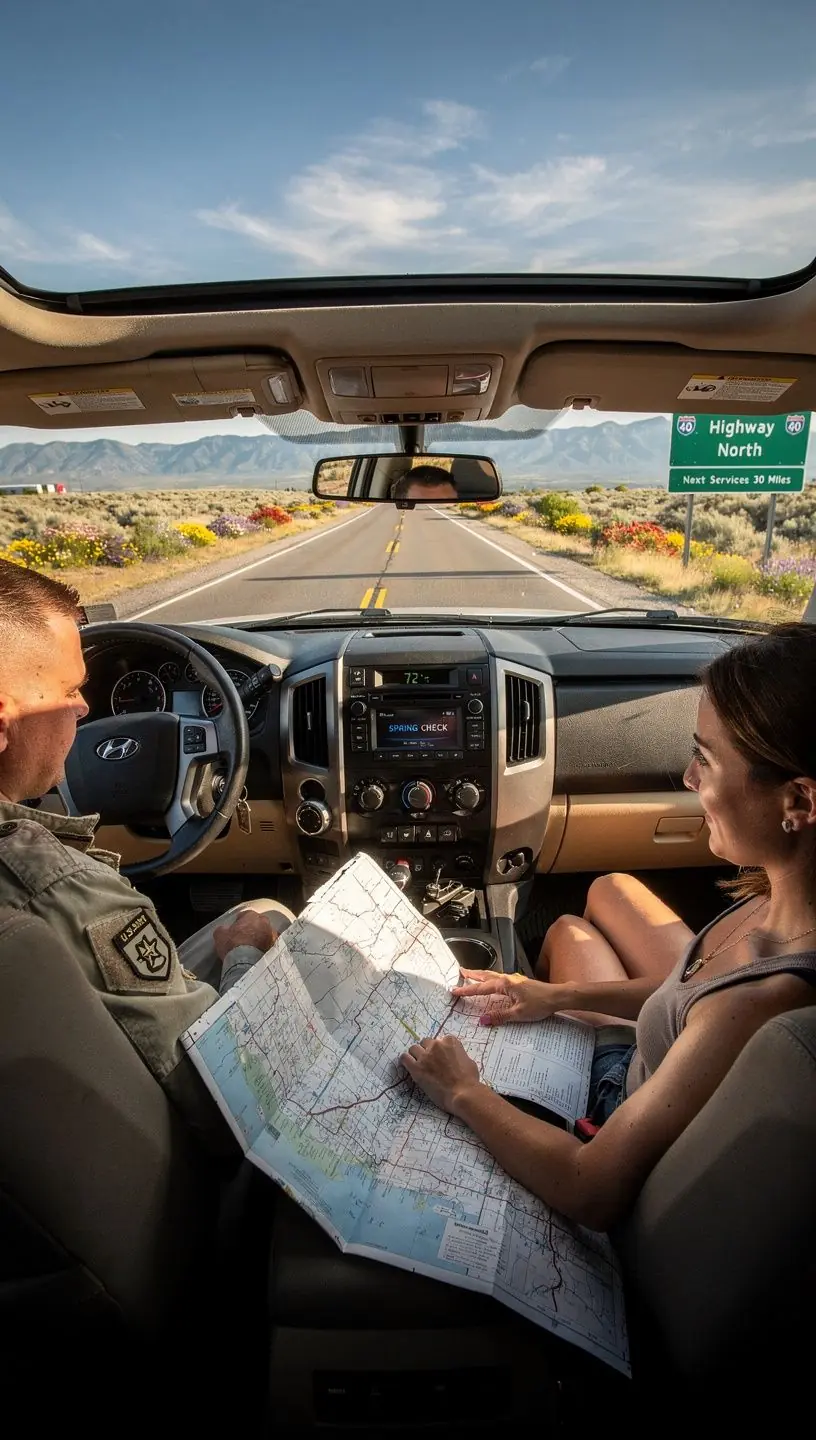 Zdjęcie samochodu zaparkowanego na wojskowej bazie, z widocznym znakiem ubezpieczenia.