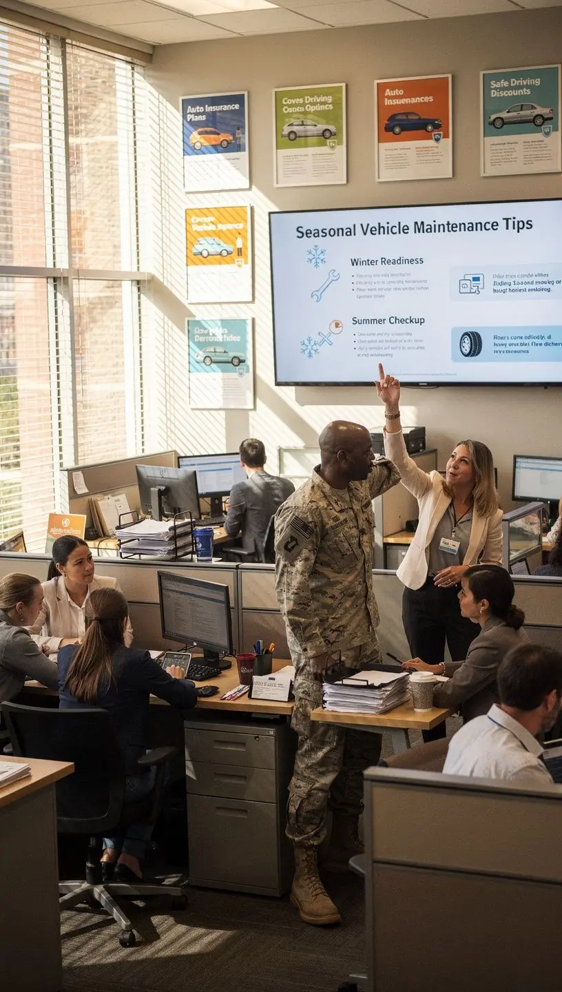 Żołnierz przeglądający informacje o ubezpieczeniu samochodowym w biurze.